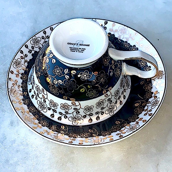 GRACES TEAWARE CUP SAUCER SET BLACK METALLIC GOLD FLORAL NEW PORCELAIN - Picture 4 of 11